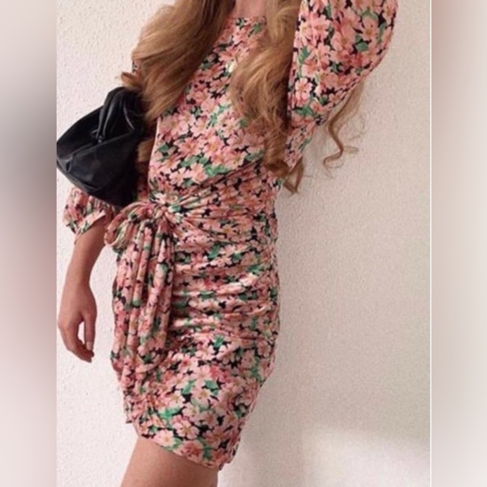 Zara Floral Printed Satin Mini Wrap Dress with Draping in Pink Multicolor Lrg